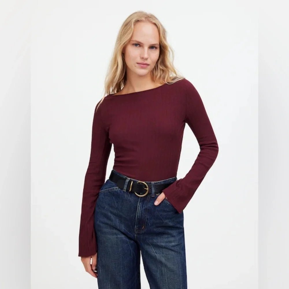 NWT Madewell Ribbed Long-Sleeve Boatneck Top in Burgundy - Picture 2 of 12
